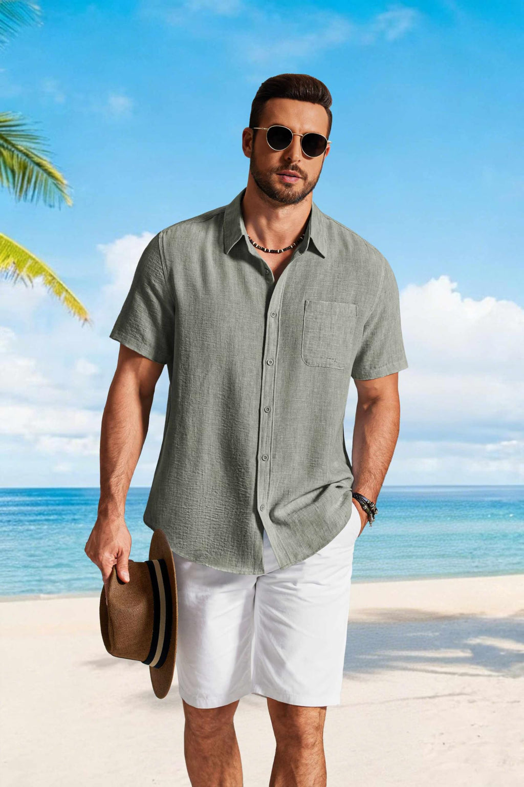 COOFANDY Men's Button Down Shirts Short Sleeve Casual Shirt Summer Beach Textured Shirts Army Green