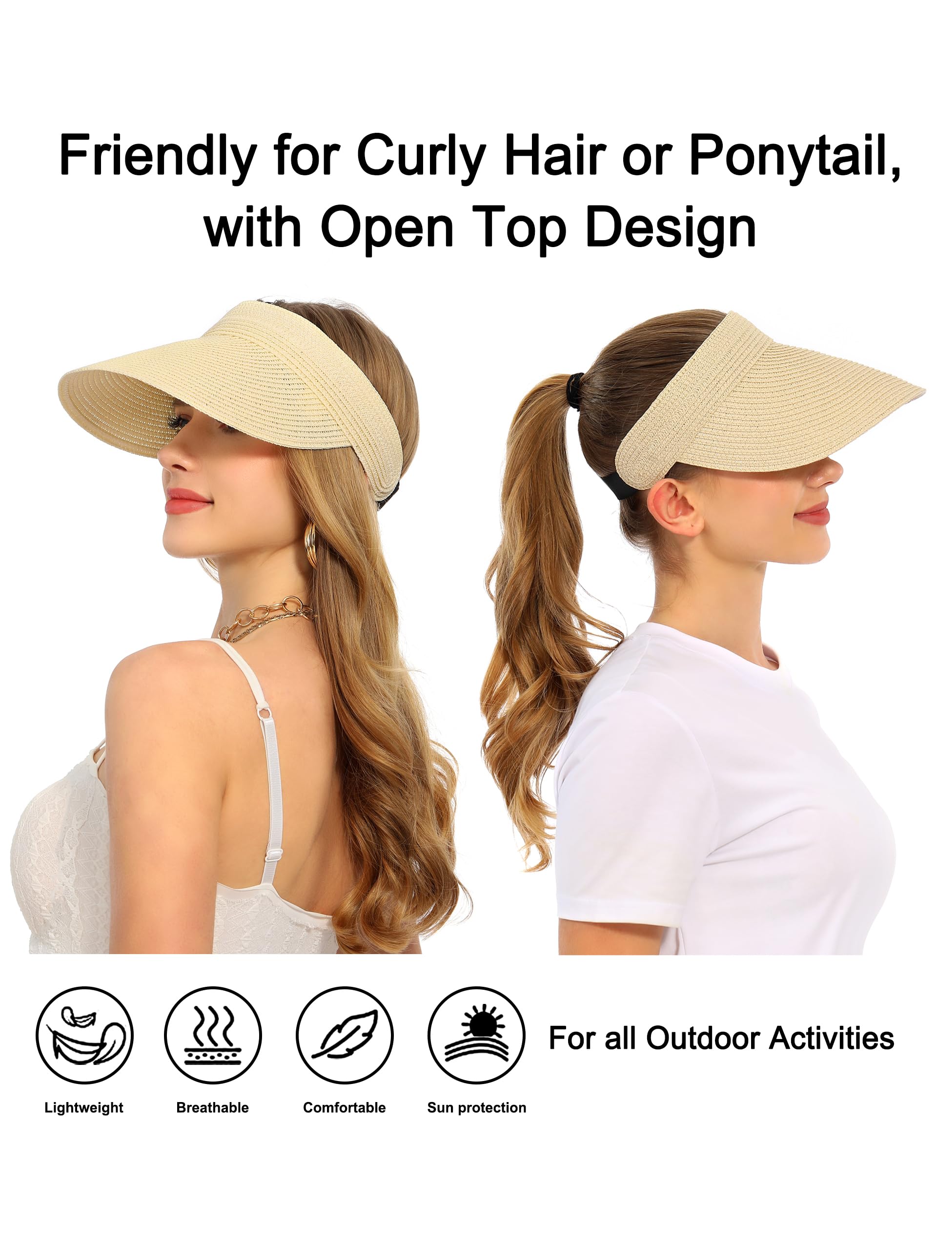 LA CARRIE Wide Brim Straw Visor for Women Sun Hat UV Protection Packable Beach Cap for Summer UPF 50+(Beige)