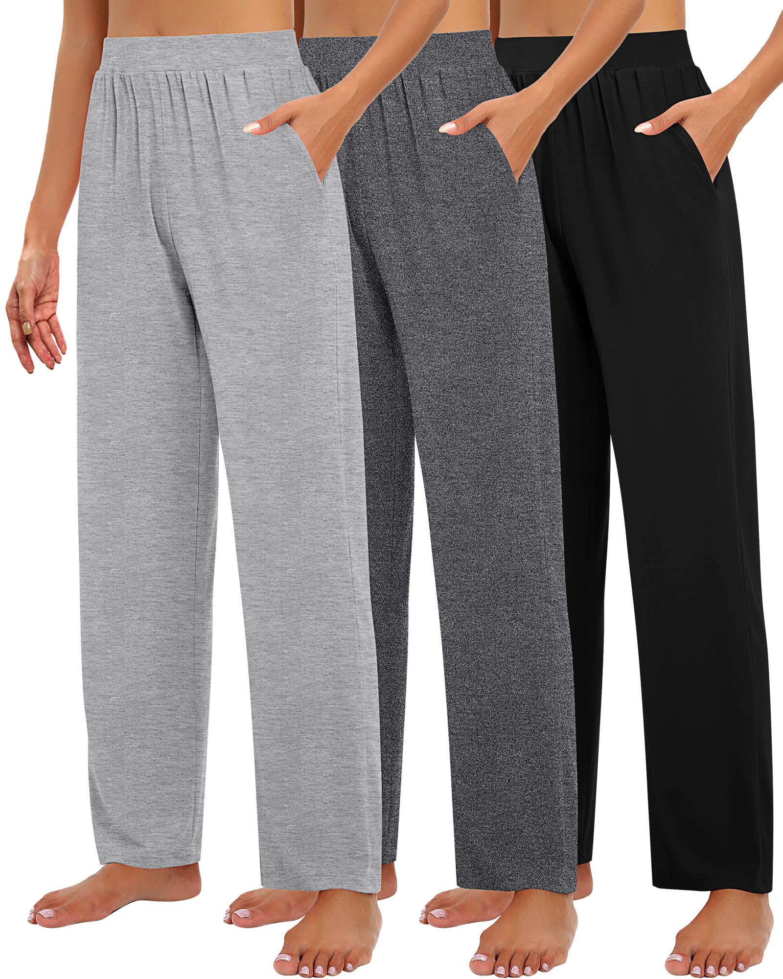 Huukeay 3 Pack Women's Lounge Pants Cozy Sweatpants,Medium,Black, Gray, Light Gray