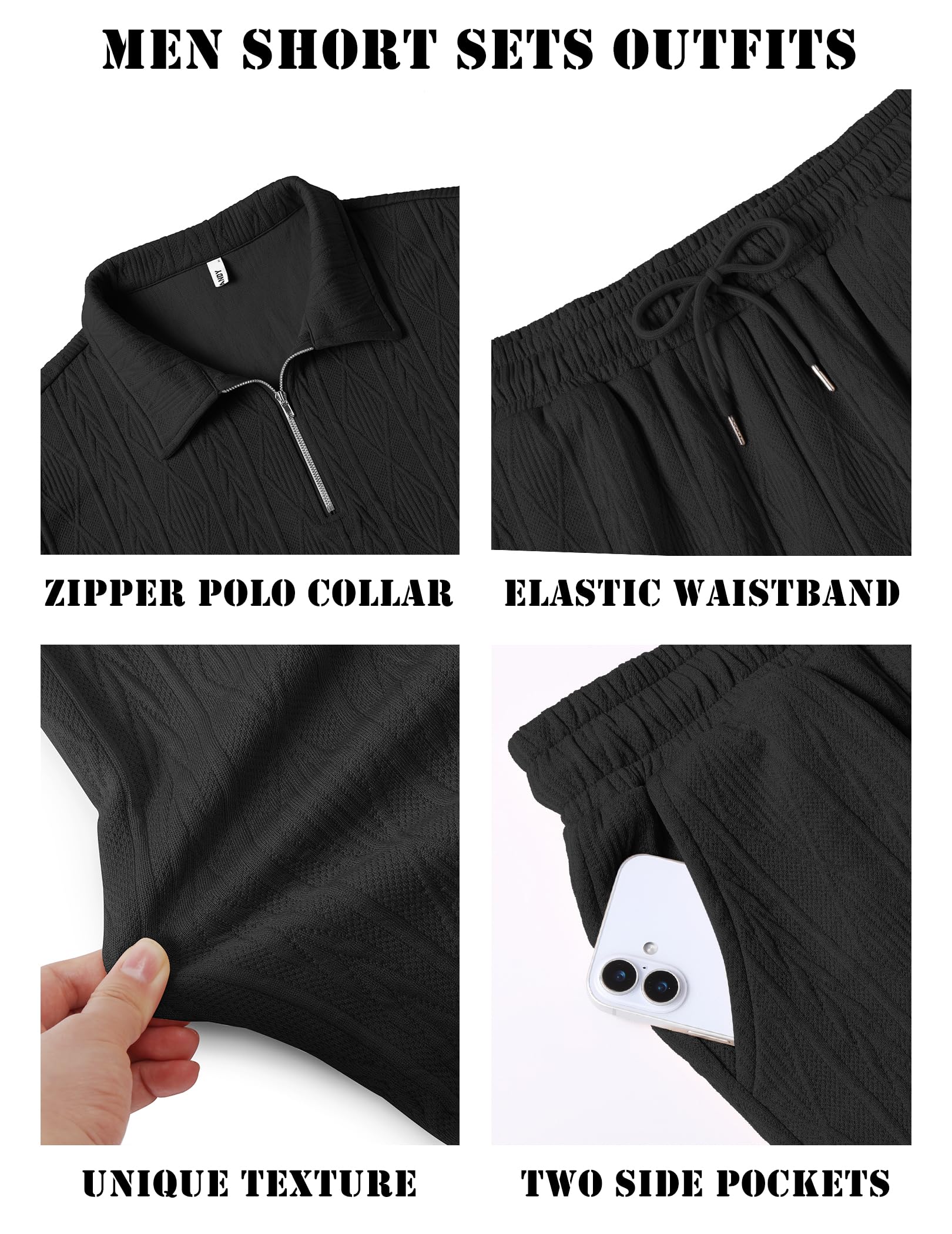 COOFANDY Men's 2 Piece Set Summer Beach Vacation Outfits Quarter Zip Polo Shirt and Shorts Sets Black Small