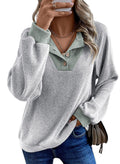 EVALESS Womens Spring Fashion 2026 Long Sleeve Shirts Patchwork Button Up V Neck Sweatshirt for Women Casual Trendy Pullover Teacher Outfits Tops Light Grey Medium
