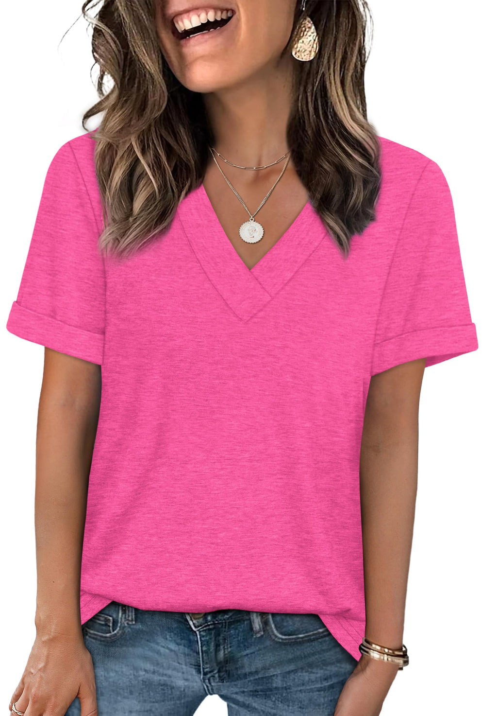 WIHOLL Womens Tops V Neck Dressy Casual Short Sleeve Summer Tops Fashion Cute Basic Tshirts Shirts for Women Hot Pink L