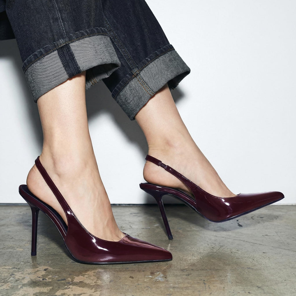Women's Slingback Stiletto High Heels Pointed Toe Slip On Pumps Shoes Patent Leather Stretch Strap Backless Dress Heels Cherry Red