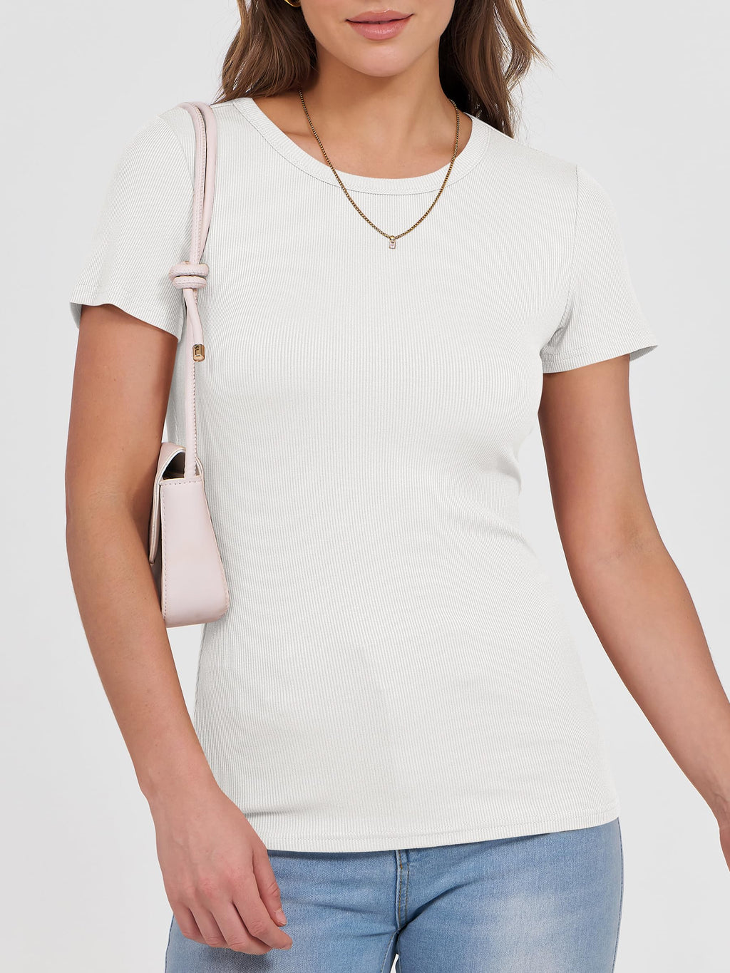 ANRABESS Women Short Sleeve Crewneck Ribbed Knit Slim Fitted Shirts Summer Tops Basic Tee Casual 2026 Spring Outfits Clothes White Large