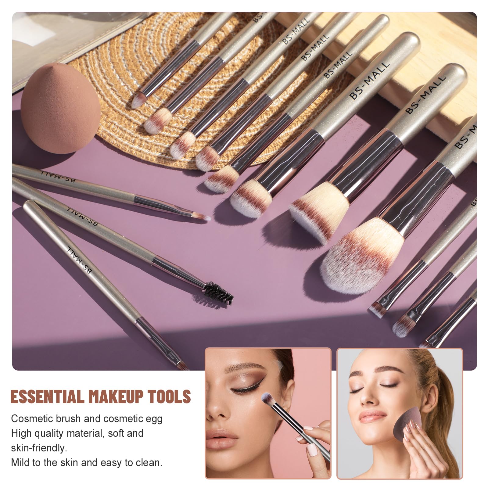 Travel Makeup Brush Set BS-MALL 14 Pcs with 1 Pcs Makeup Sponge – Essential Foundation Powder Concealers, Eye Shadows, Blush Makeup Brushes with Travel Makeup Case (Champagne)
