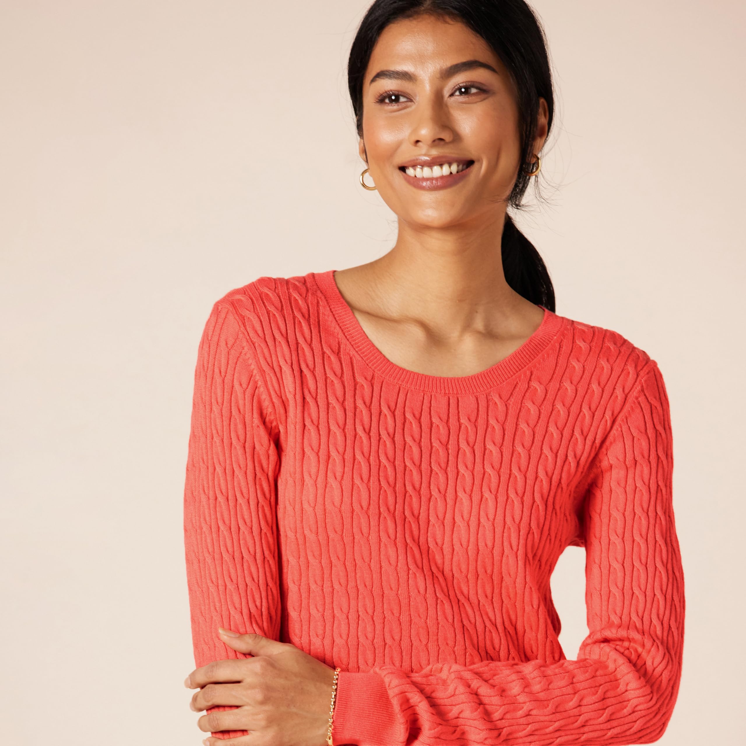 Amazon Essentials Women's Lightweight Long-Sleeve Cable Crewneck Sweater (Available in Plus Size), Coral Pink, Large