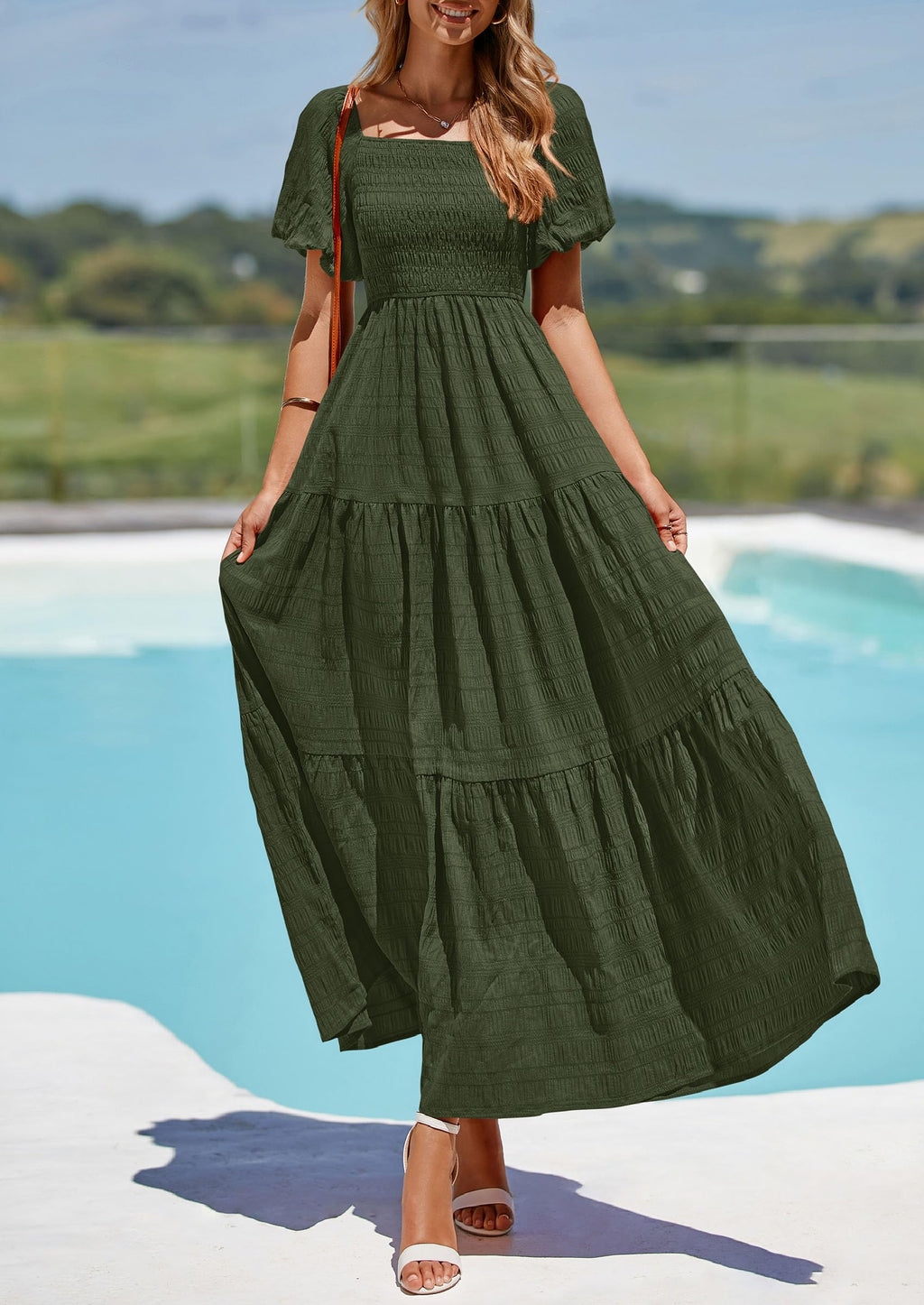 PRETTYGARDEN Womens Summer Puff Short Sleeve Maxi Dress Square Neck Smocked Tiered Ruffle A Line Long Flowy Beach Dresses (Army Green,Medium)