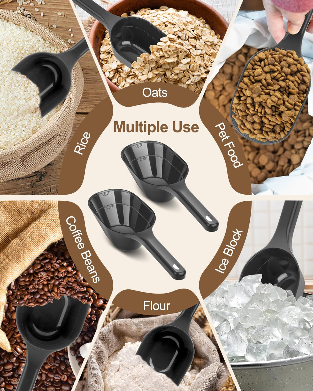 Aosnare 2 PACK Dog Food Scoop,1 Cup Capacity Pet Food Scoop With Measuring Lines For Dog, Puppy and Cat (Black)