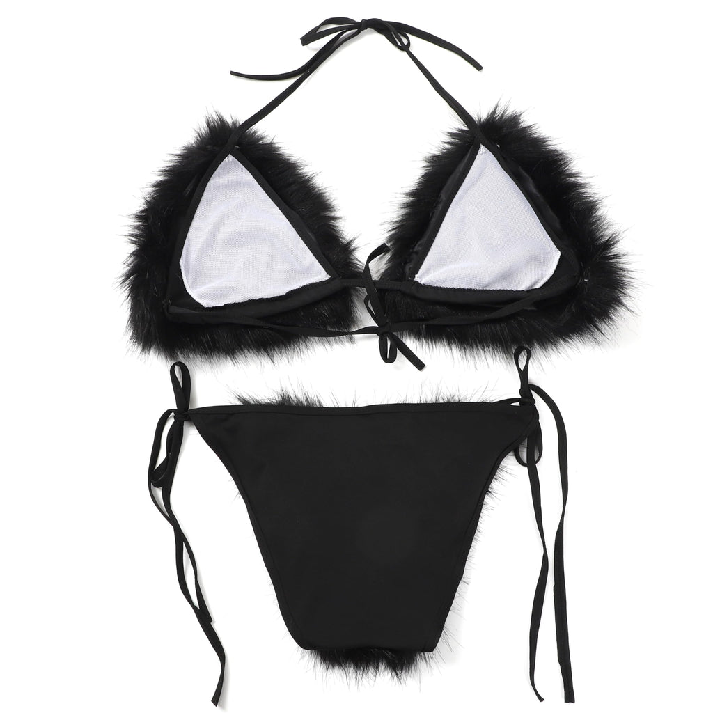 LA CARRIE Women's Detachable Faux Fur Bikini Sets Two Pieces Halter Tie Side Cheeky Leopard Swimsuits Bathing Suit(Black)