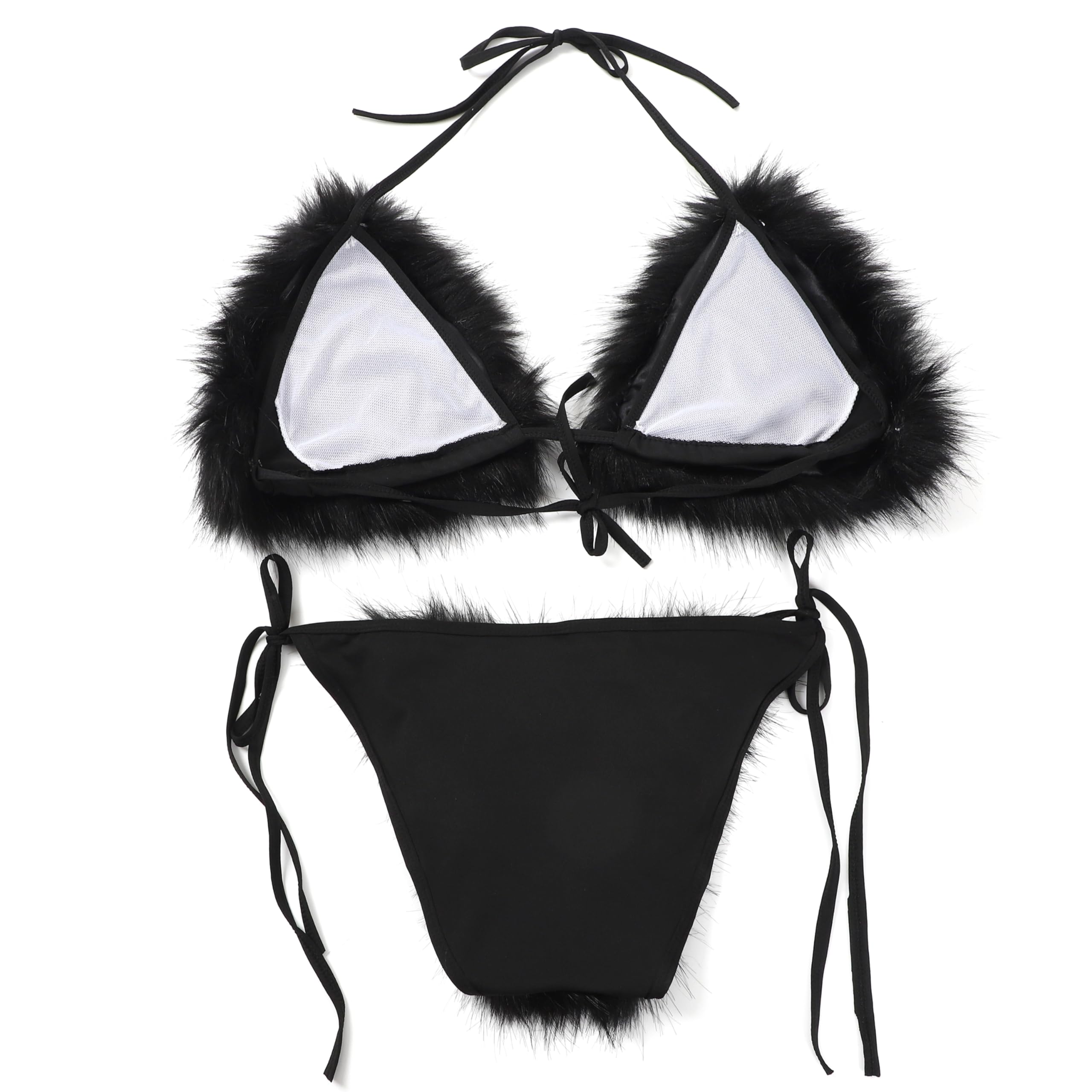 LA CARRIE Women's Detachable Faux Fur Bikini Sets Two Pieces Halter Tie Side Cheeky Leopard Swimsuits Bathing Suit(Black)