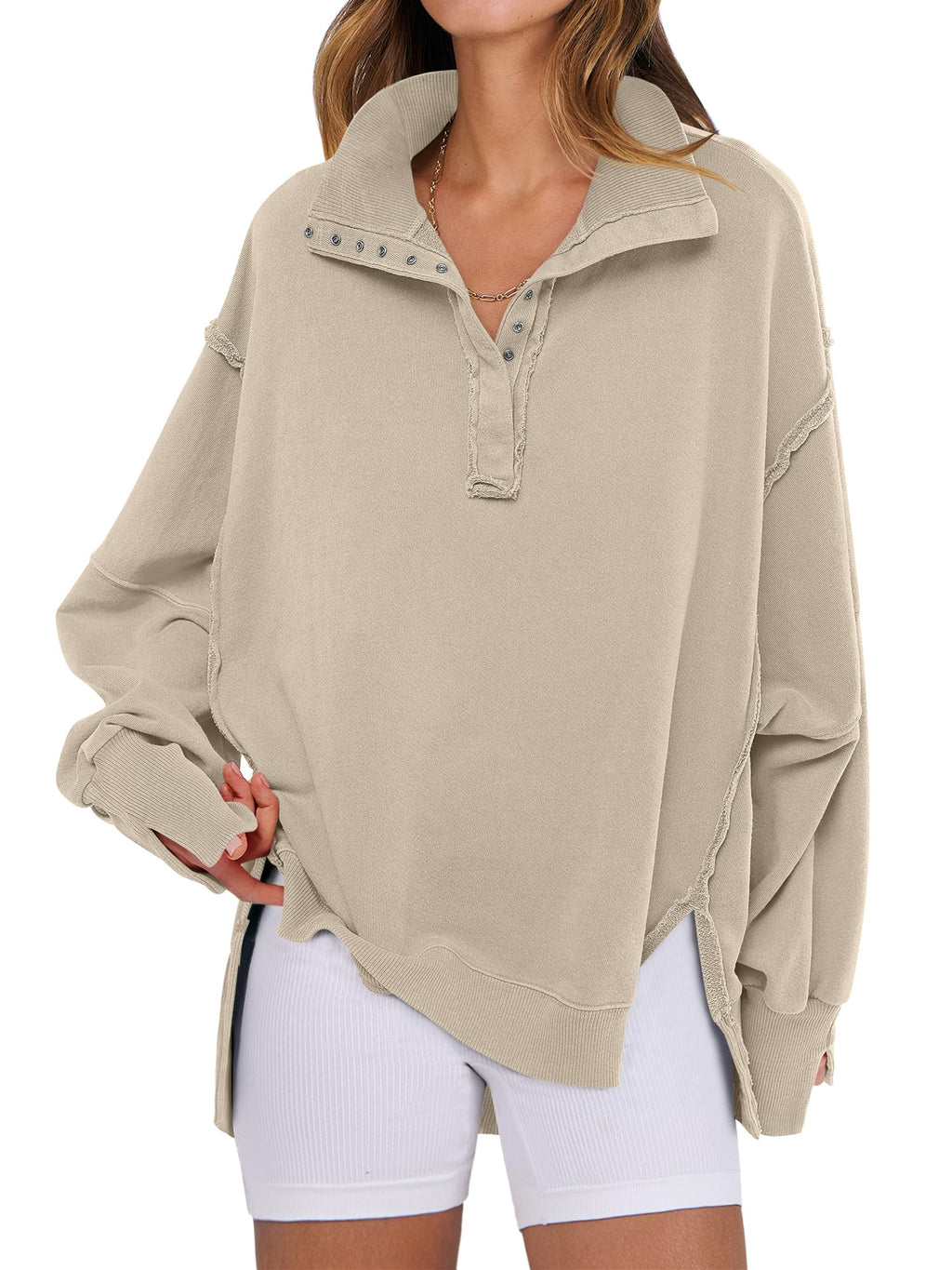 ANRABESS Sweatshirt for Women Oversized Henley Fall Outfits Apricot