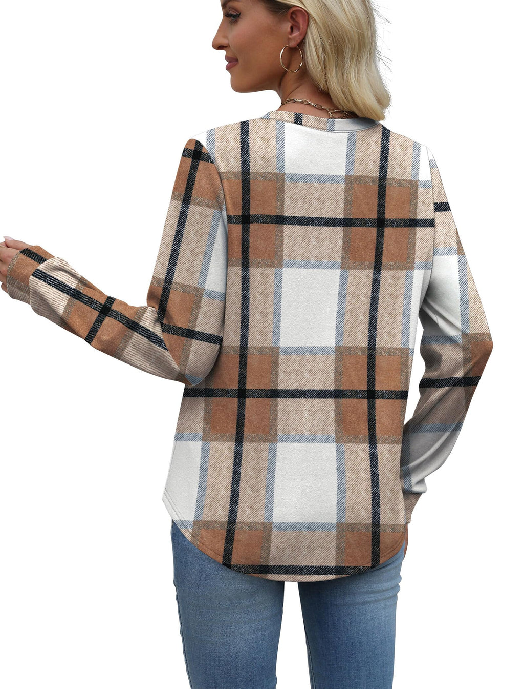 WIHOLL Womens Early Fall Fashion 2026 Outfits School Teachers Long Sleeve Shirts Sweatshirts Winter Sweaters Maternity Clothes Caramel Plaid M