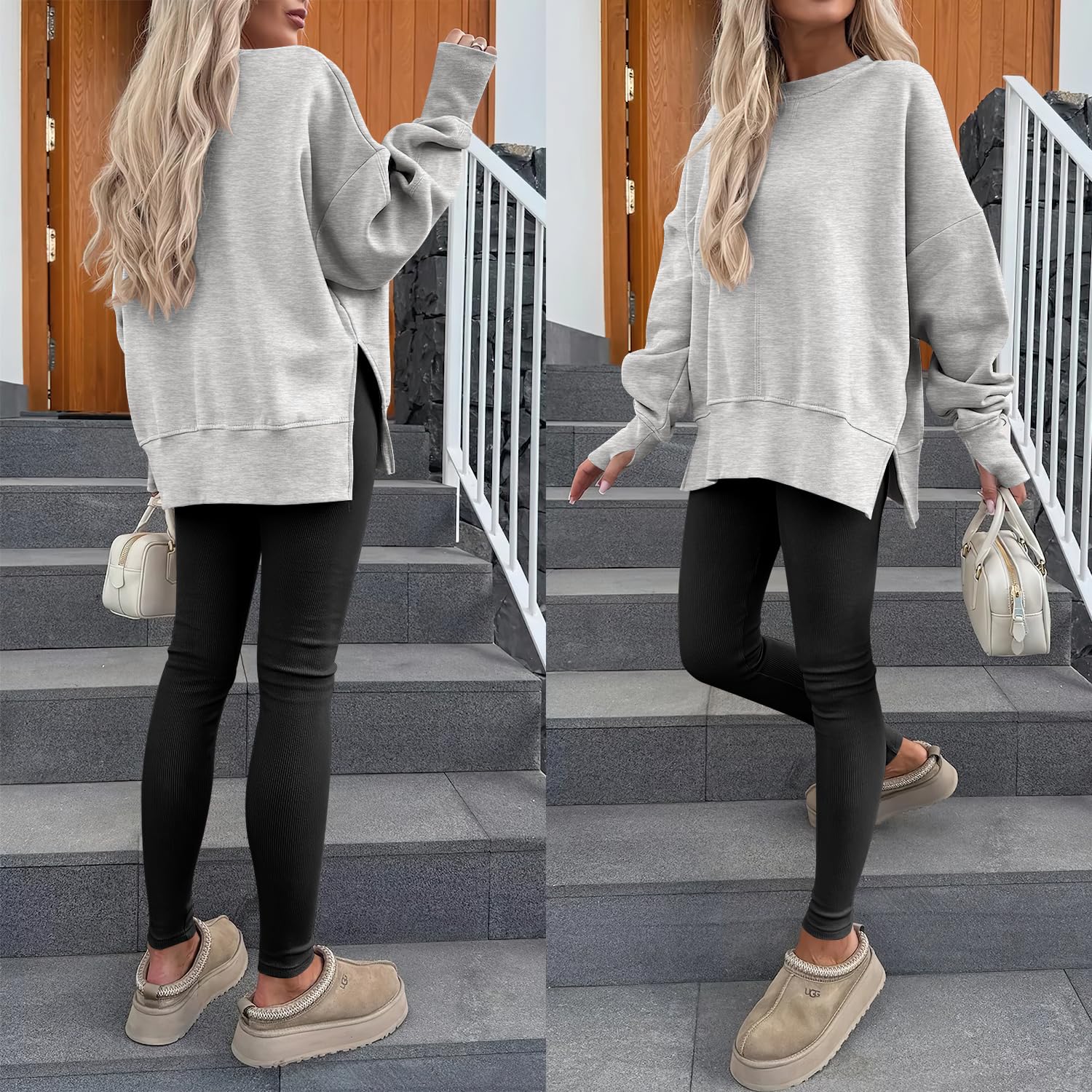 ANRABESS Women Oversized Sweatshirts Thumbhole Long Sleeve Hoodies Shirts 2025 Fall Side Slit Pullover Top Teen Y2k Outfits Grey X-Large