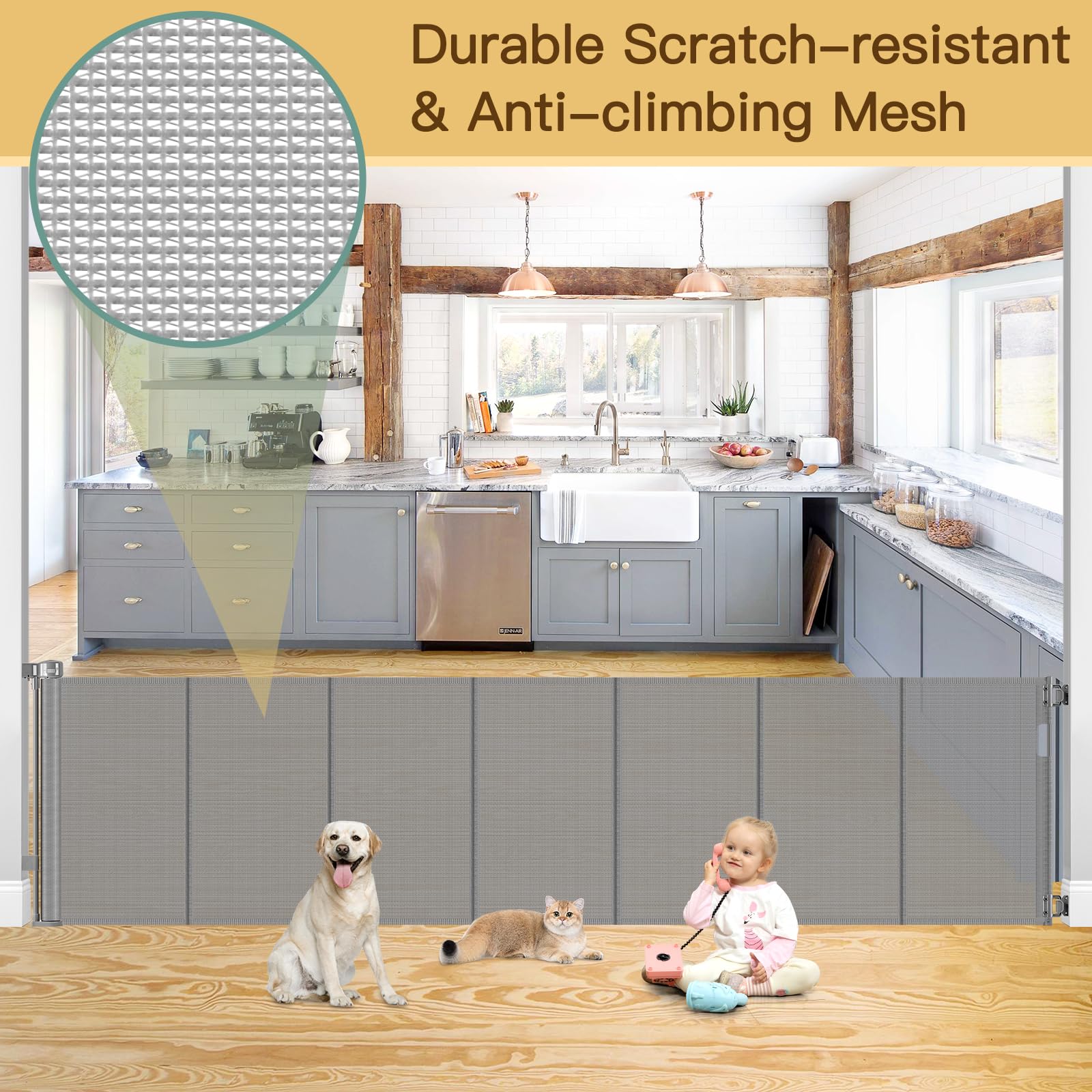 Reinforced 100 Inch Extra Long Baby Gates for Large Openings to Prevent Crawling Under, No Bottom Bar Extra Wide Retractable Baby Gate for Stairs, 8 ft Mesh Child Gate for Parent/Pet Owner Use, Gray