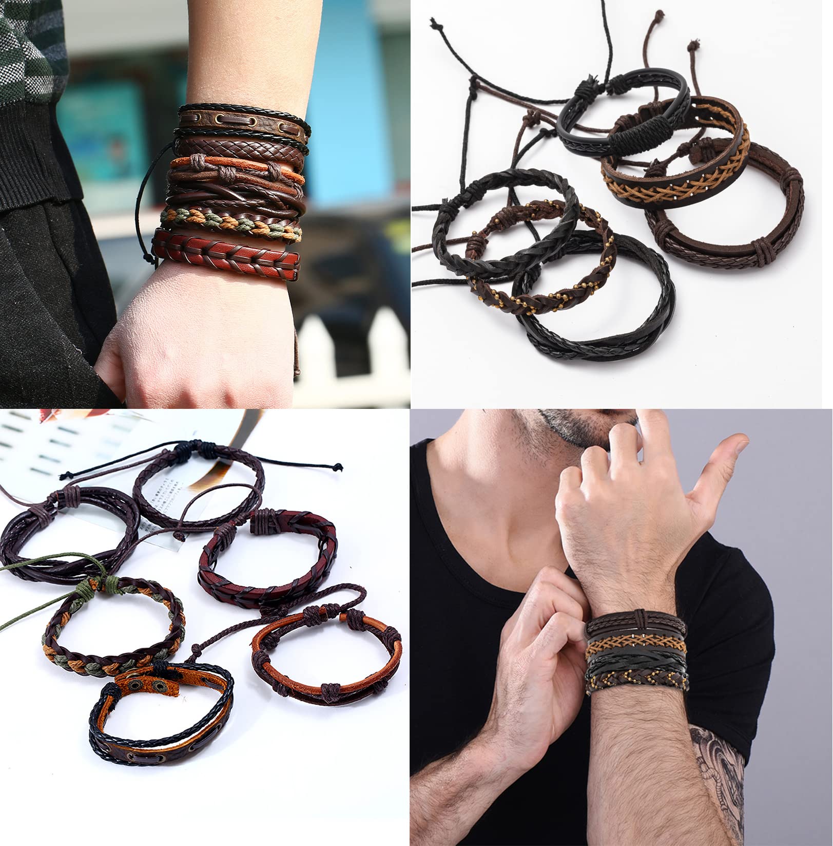 FIRAZIO 42Pcs Braided Leather Bracelets for Men Women Wrap Wood Beads Cuff Bracelet Hemp Cords Ethnic Tribal Handmade Wrap Wristband Bracelets Set Adjustable