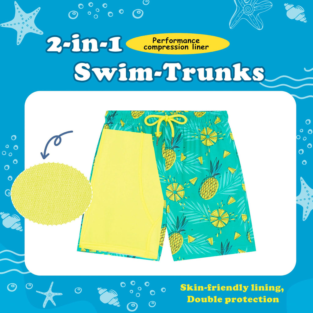 UMELOK Boys Swim Trunks Swimsuit Boxer Brief 2 in 1 Compression Liner Stretch Swim Shorts Quick Dry Beach Bathing Suit Neon Pineapple 10/12