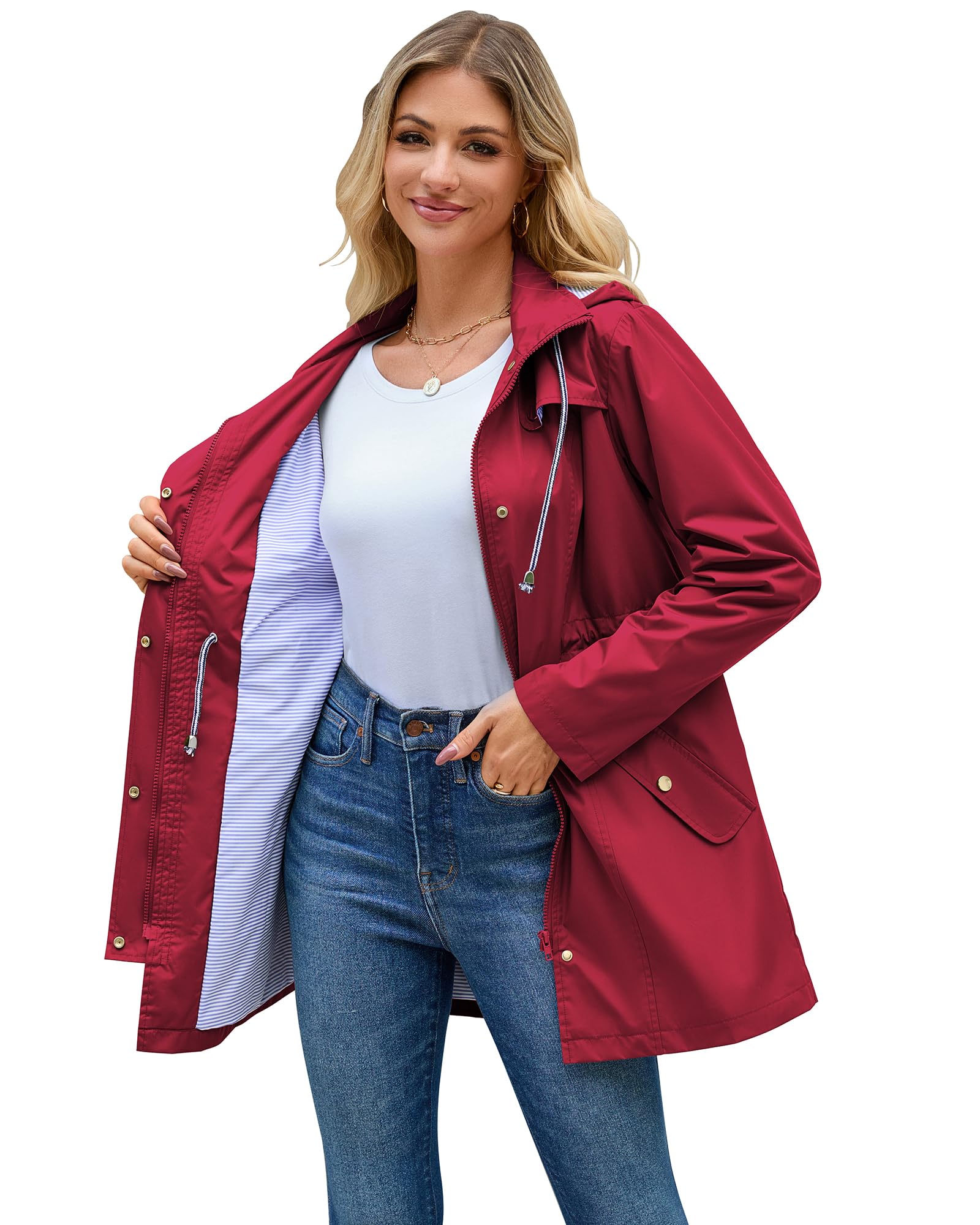 Women Waterproof Hiking Trench Raincoat Light Rain Jacket with Liner S Wine