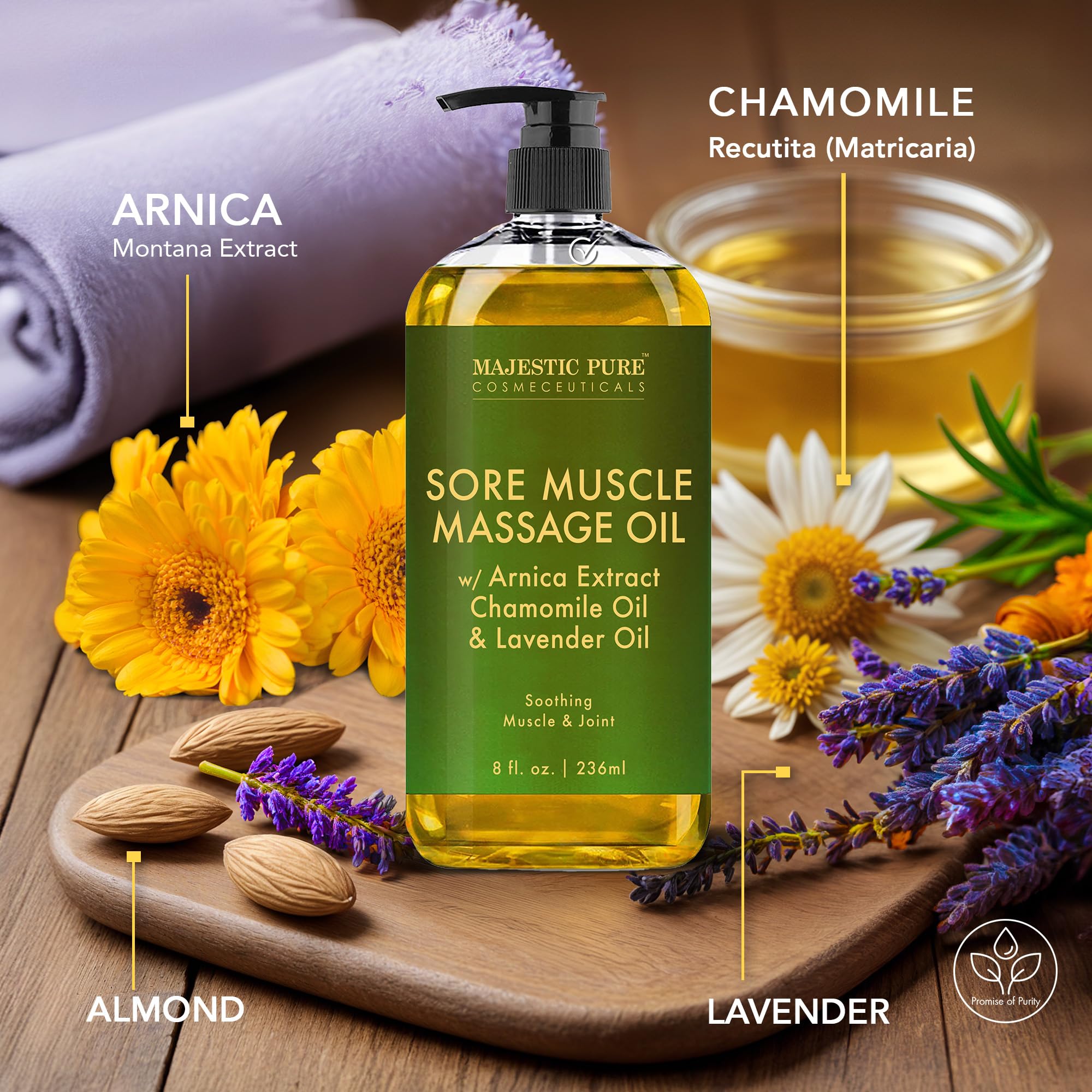 MAJESTIC PURE Arnica Sore Muscle Massage Oil for Massage Therapy - Refreshing and Relaxing - Natural Oils with Lavender & Chamomile Essential Oils - All Skin Types - Men & Women Massage Lotion-8 fl oz