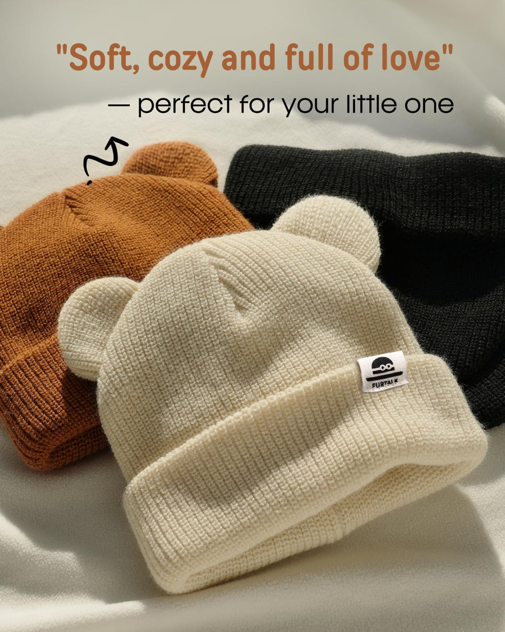 FURTALK Baby Beanie Winter Hat with Bear Ear for Infant Toddler Boys Girls Soft Knitted Skull Cap Black+Beige+Caramel 0-6 Months