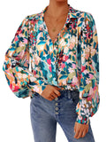 PRETTYGARDEN Women's Floral Blouses Dressy Casual V Neck Button Down Shirts Lantern Long Sleeve Boho Chiffon Spring Tops 2026(Floral Blue Green,M)