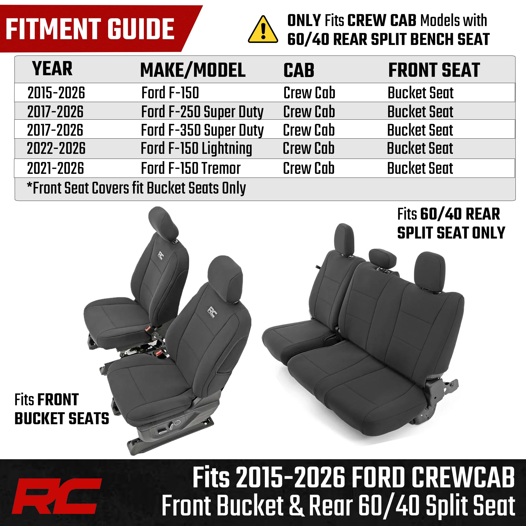 Rough Country Neoprene Front & Rear Seat Covers for Ford F-150, Lightning, F-250 & F-350 (2015-2026) Crew Cab w/Front Bucket Seats & Rear 60/40 Split