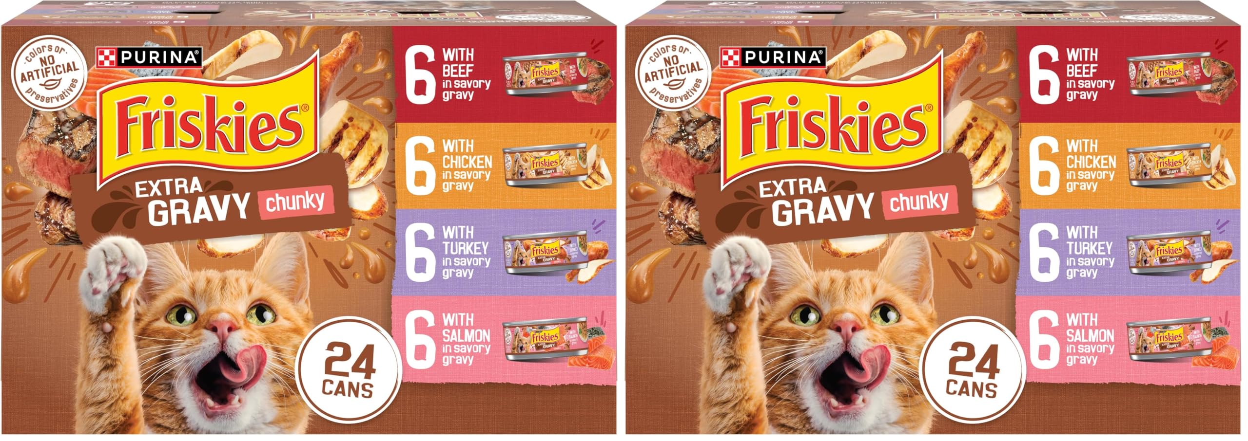 Friskies Purina Extra Gravy Wet Cat Food Chunky Variety Pack (with Chicken,Turkey,Salmon,Beef) - 5.5 oz. Cans,(Pack of 48)