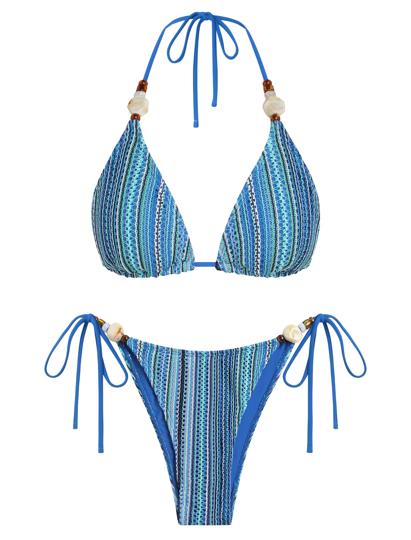 ZAFUL Bikini Sets for Women Sexy Two Piece Swimsuits High Cut Cheeky Thong Bathing Suit Beads Striped Triangle Swimsuit Push Up Bikini Top with Low Rise Bottoms Retro Self Tie Swimwear Royal Blue S