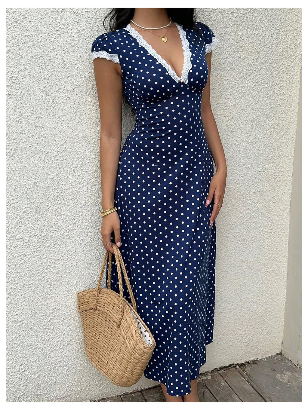 Milumia Women's Polka Dots Lace Trim Deep V Neck Dress Short Sleeve Flared Long Dresses Dark Blue XX-Small