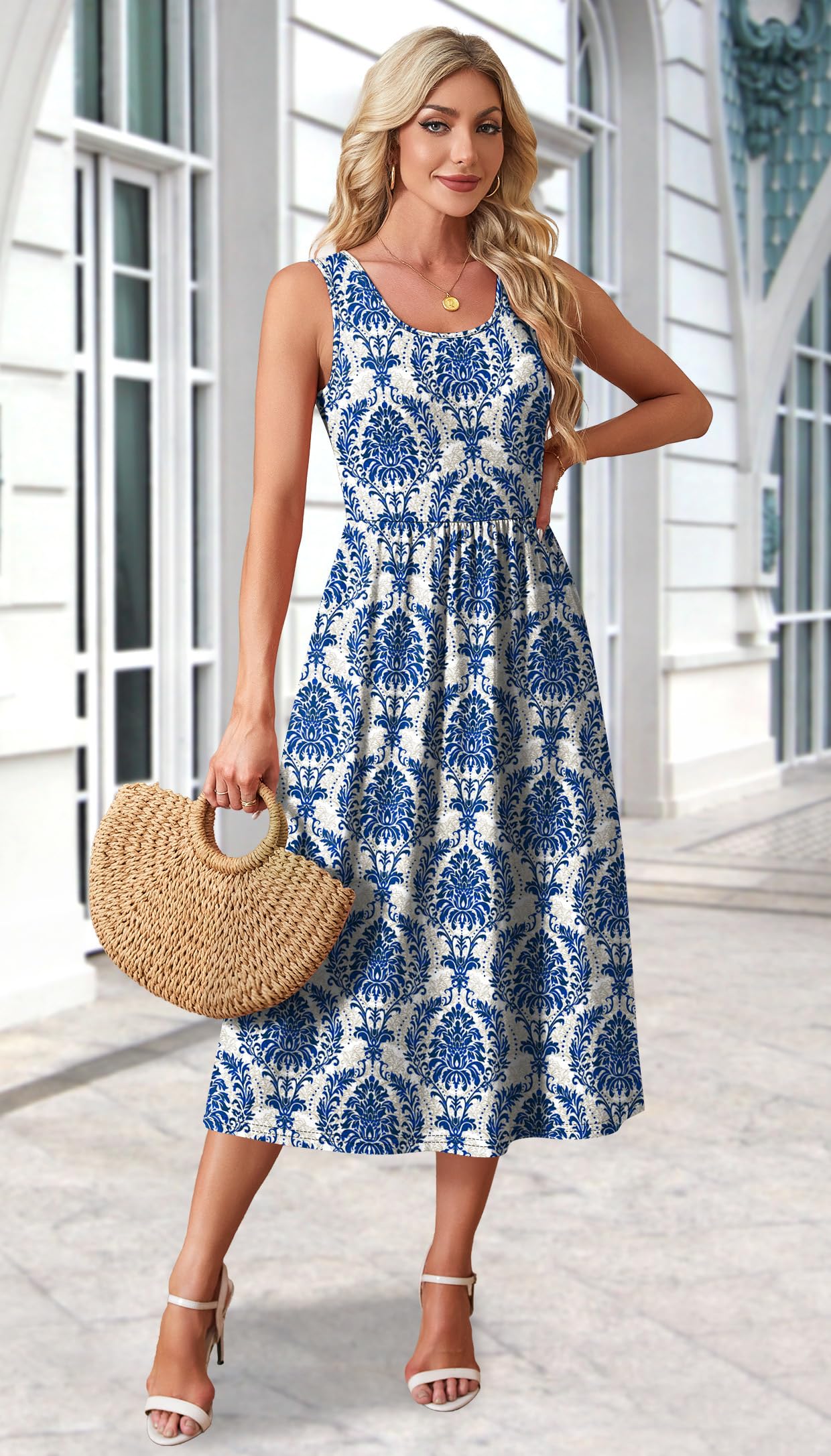 WIHOLL Summer Dresses for Women 2025 2026 Sleeveless Flowy Cute Casual Midi Dresses for Women Spring Dress Sundresses for Women Resort Wear Maxi Dress Blue Damask Print M