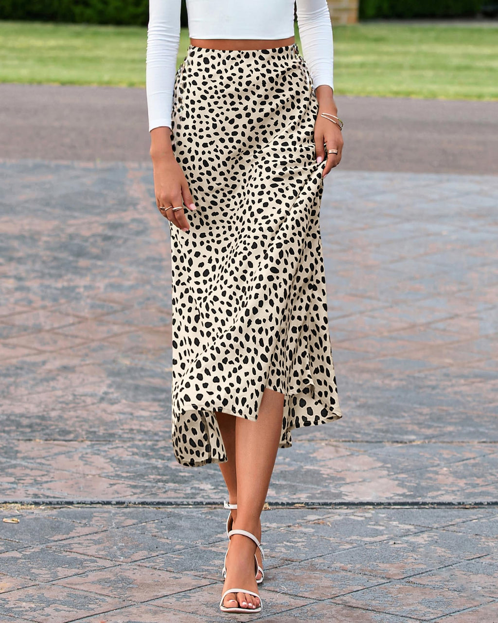 BTFBM Satin Skirts for Women Trendy Spring Summer 2026 High Waisted Leopard Print Cocktail Wedding Long Silk Midi Skirt(Dot Apricot Black, Small)