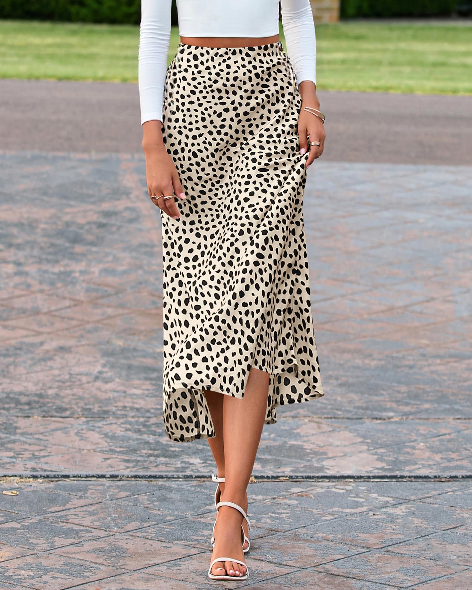 BTFBM Satin Skirts for Women Trendy Spring Summer 2026 High Waisted Leopard Print Cocktail Wedding Long Silk Midi Skirt(Dot Apricot Black, Small)