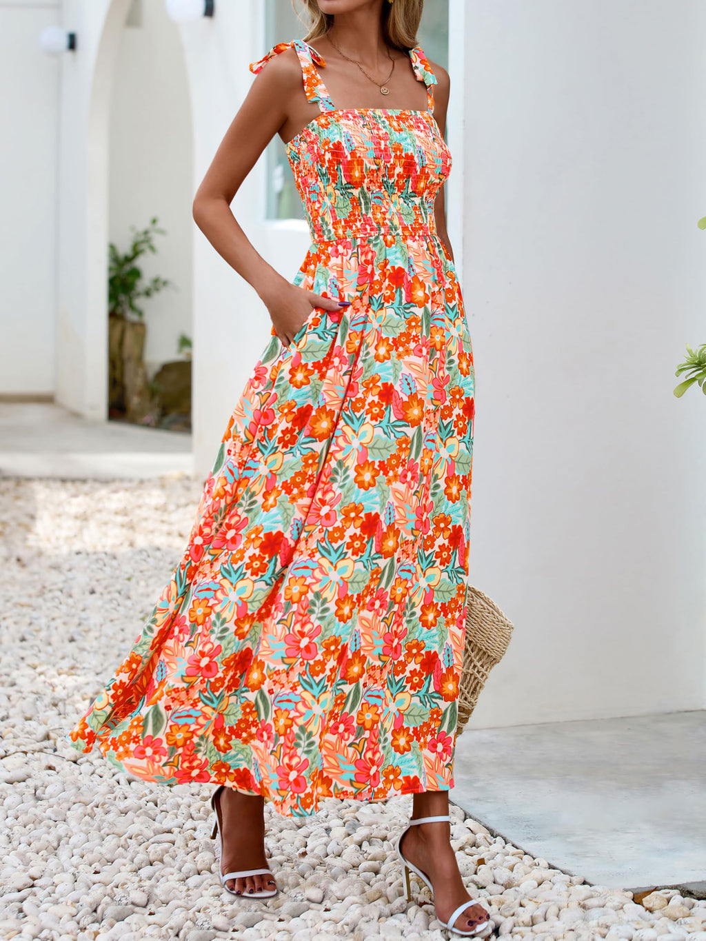 PRETTYGARDEN Womens Summer Dresses Floral Sleeveless Smocked Maxi Dress Boho Spaghetti Strap A Line Flowy Beach Long Sundress(Light Apricot Orange Flower,X-Large)