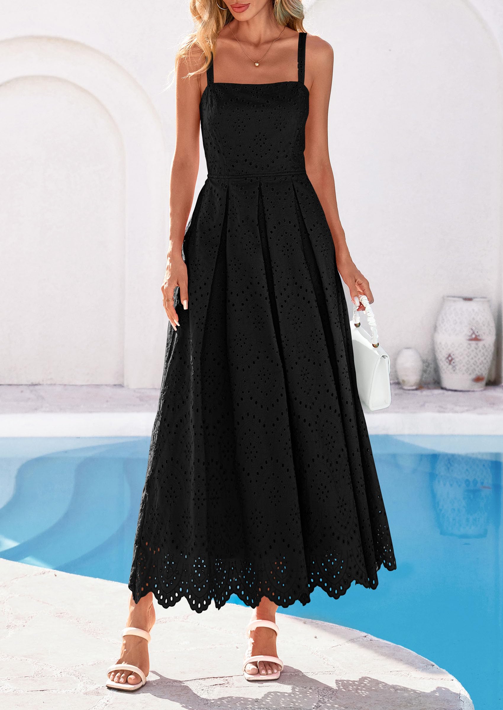 PRETTYGARDEN Womens Sleeveless Maxi Summer Dresses 2026 Hollow Out Eyelet Square Neck Ruffle Flowy Beach Vacation Sundress (Black,Small)