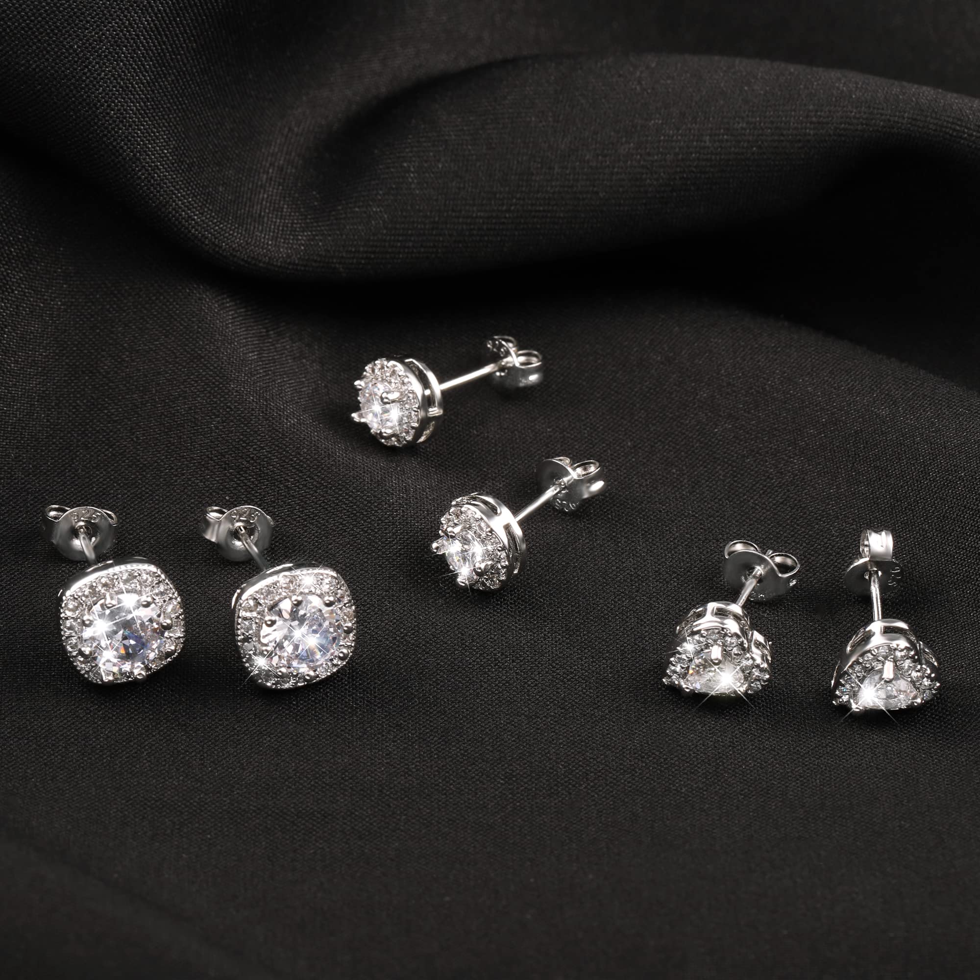 ALEXCRAFT Sterling Silver Halo Stud Earrings for Women Cubic Zirconia Round Heart Square Diamond Large Silver Studs Set Earring for Men 3 Pairs