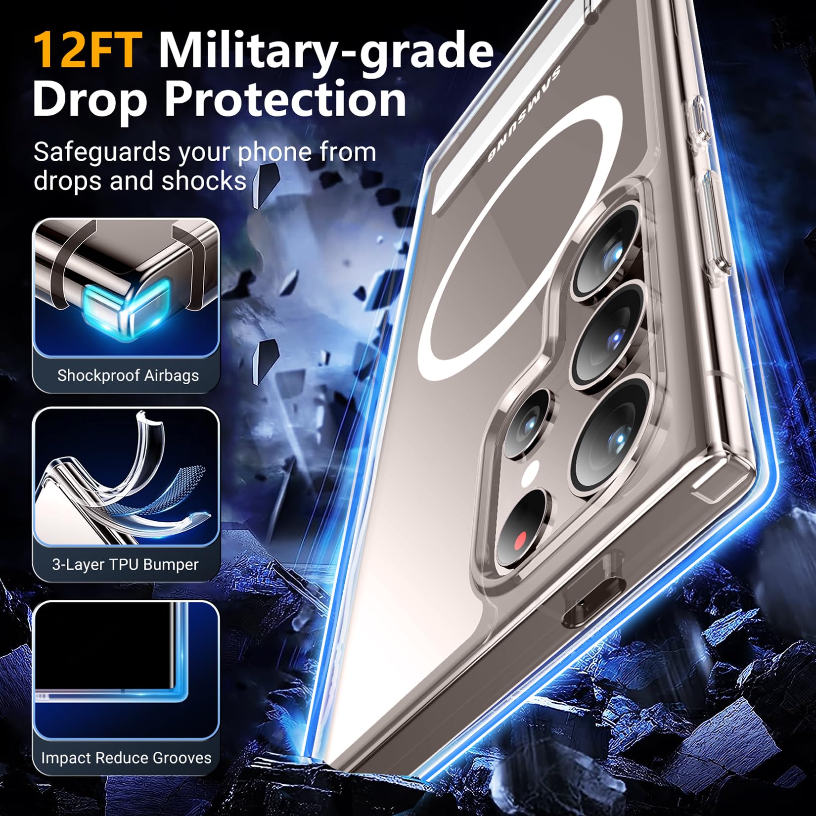 SPIDERCASE Magnetic for Samsung Galaxy S24 Ultra Case, [3 Stand Ways][ Military Grade Drop Protection] with Invisible Stand Shockproof Slim Case for S24 Ultra 5G,Clear