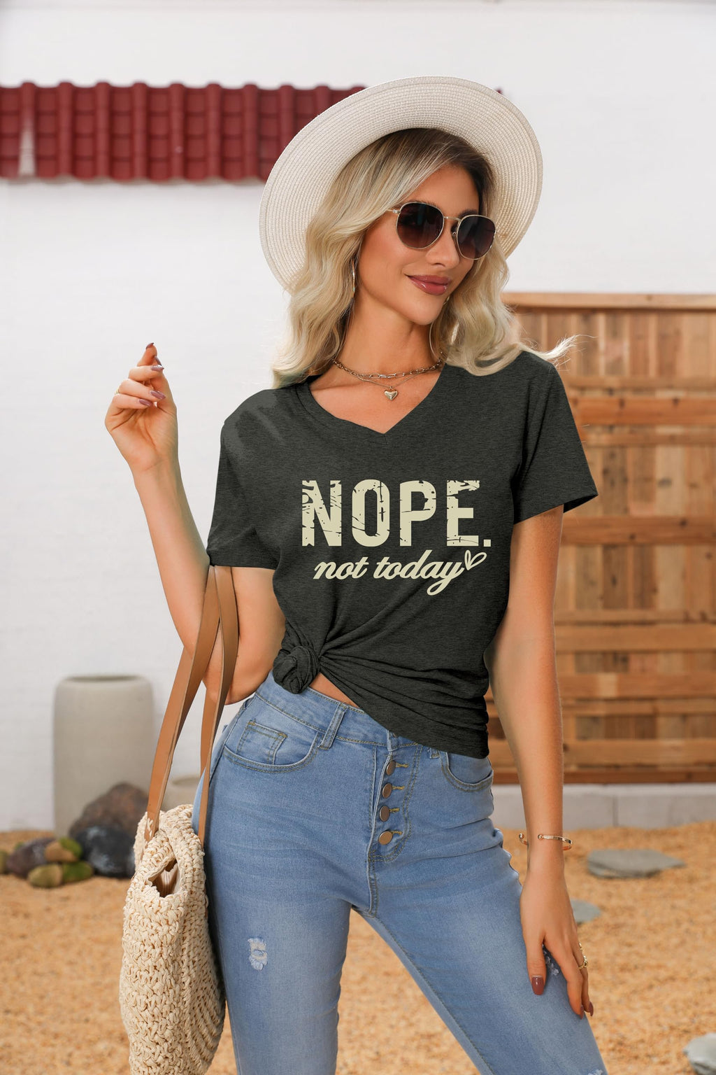 CEZOUAE Nope Not Today T Shirt Women V Neck T Shirts Funny Letter Print Tee