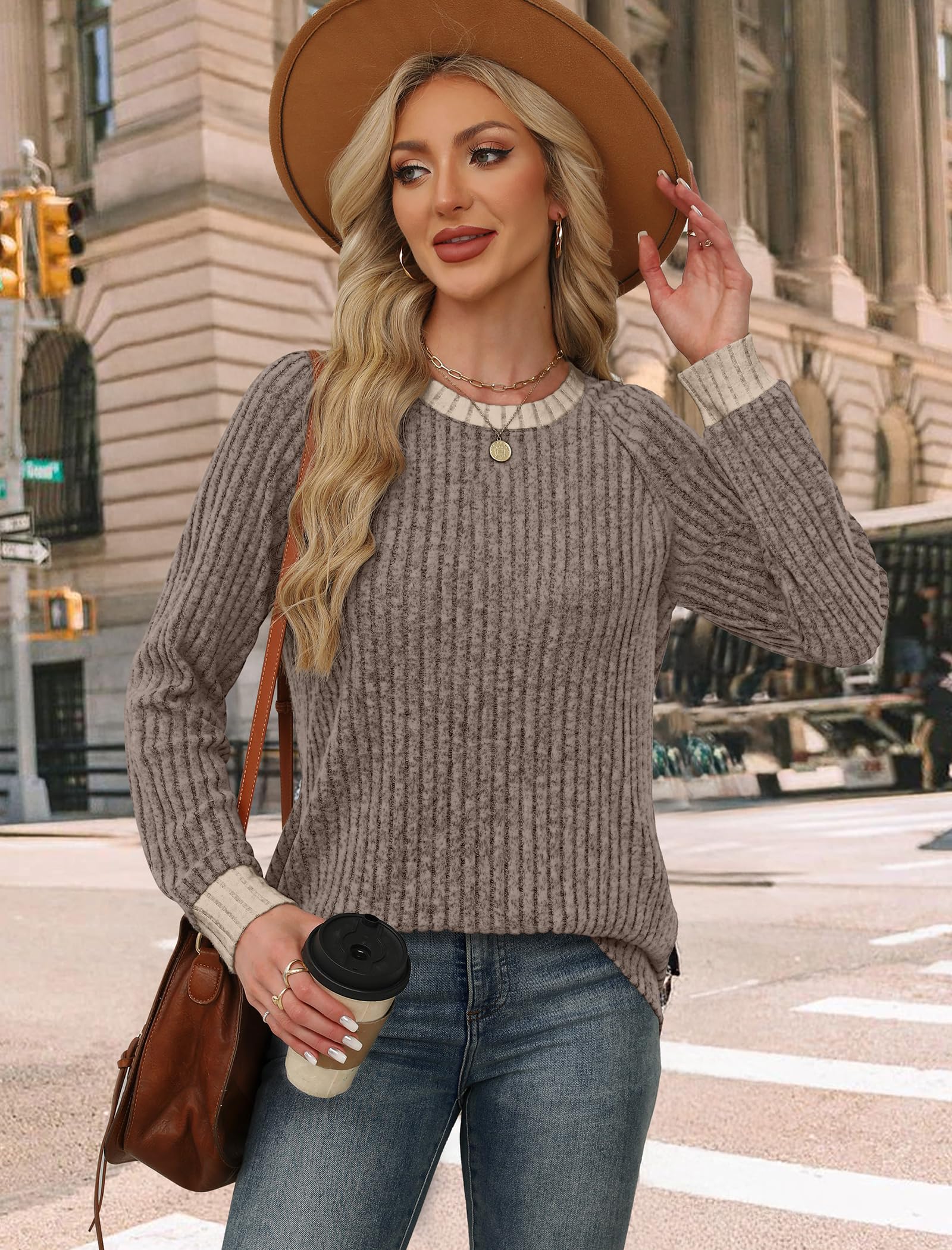 WIHOLL Sweaters for Women Long Sleeve Shirts for Women Casual Fall Fashion Must Haves 2026 Basic Cute Spring Tops Comfy Tunic Sweater Travel Teacher Outfits Work Chocolate Brown Fall Clothes Khaki