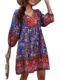 Qearal Womens Dresses Summer Floral Printed Tunic Dress 3/4 Sleeve Cover Up Dress Dark Blue XL