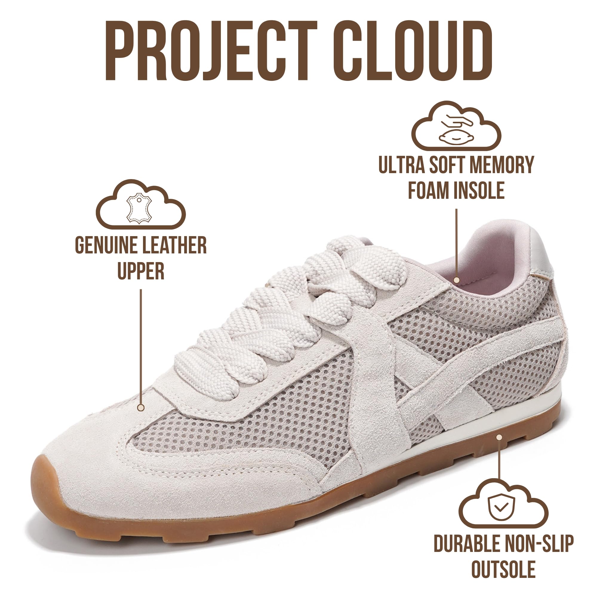 Project Cloud Leather Barefoot Shoes Women – Memory Foam Lace-Up Womens Sneakers – Lightweight & Non Slip Womens Shoes Casual – All-Day Women's Fashion Sneakers for 2026 (Tiger, Grey, 7.5)