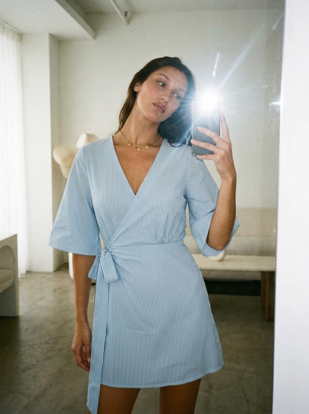 CUPSHE Women's Summer Dresses Striped V Neck Short Sleeve Kimono Wrap Tie Front Mini Dress Blue, M