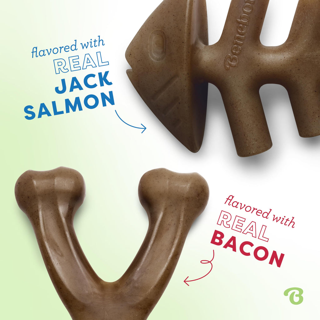 Benebone 2-pack Fishbone/Wishbone Durable Dog Chew Toys, Real Fish, Real Bacon, Made in USA, Small