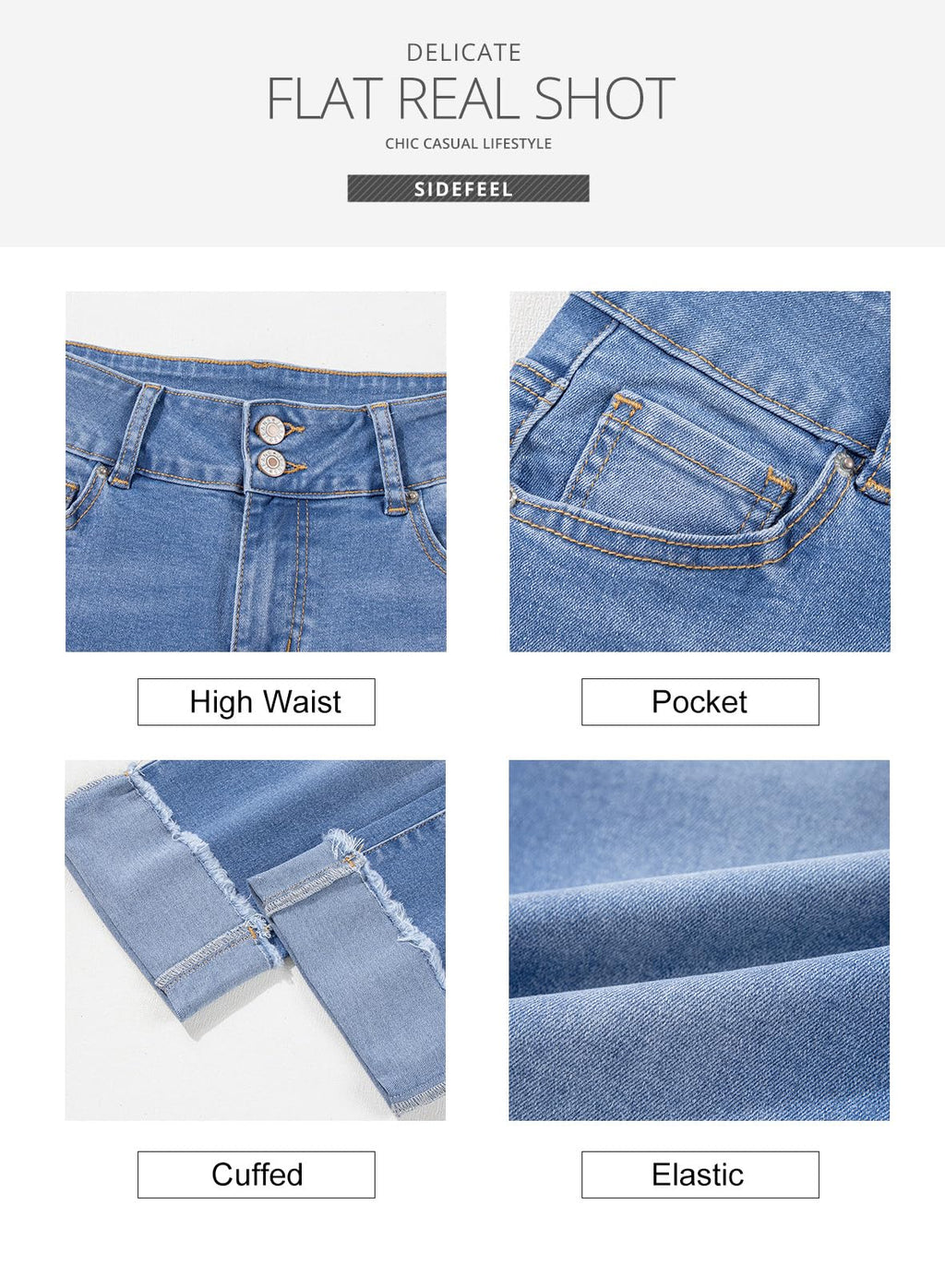 Sidefeel Women's High Waisted Stretchy Skinny Roll-up Summer Cuffed Cropped Denim Capri Pants Light Blue Size 6