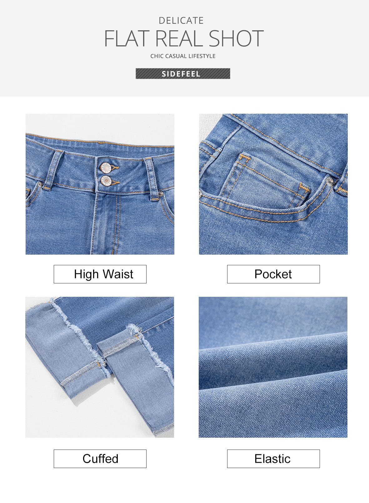 Sidefeel Women's High Waisted Stretchy Skinny Roll-up Summer Cuffed Cropped Denim Capri Pants Light Blue Size 6