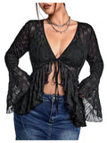 WDIRARA Women's Plus Size Sexy Sheer Mesh Tops Deep V Neck Bell Long Sleeve Tee Shirts Black X-Large Plus