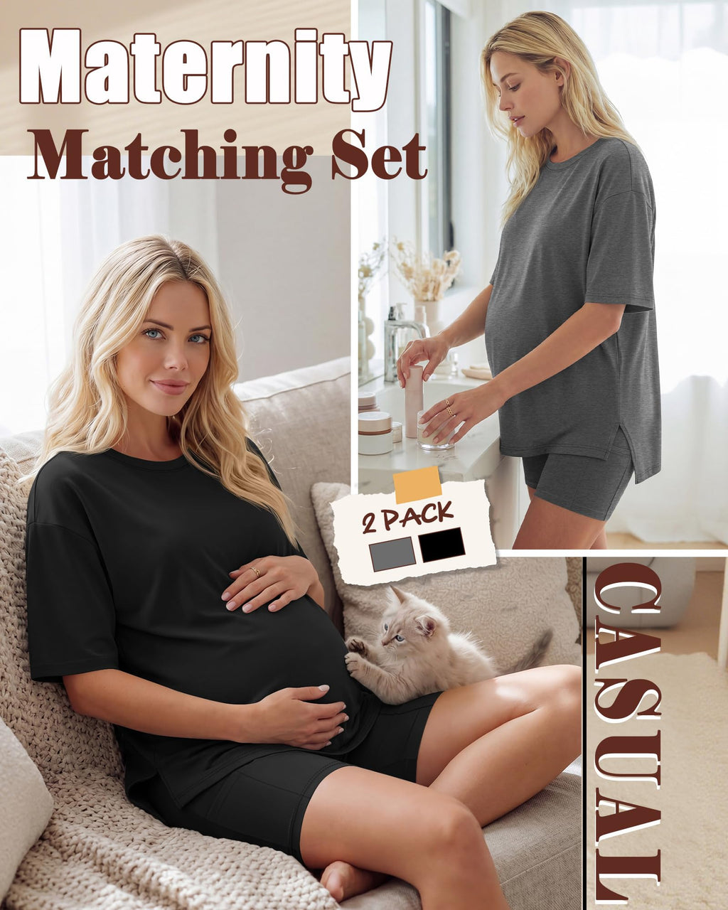 Huukeay 2 Pack Women Maternity Set Pregnancy Outfits, 2-Color, Small