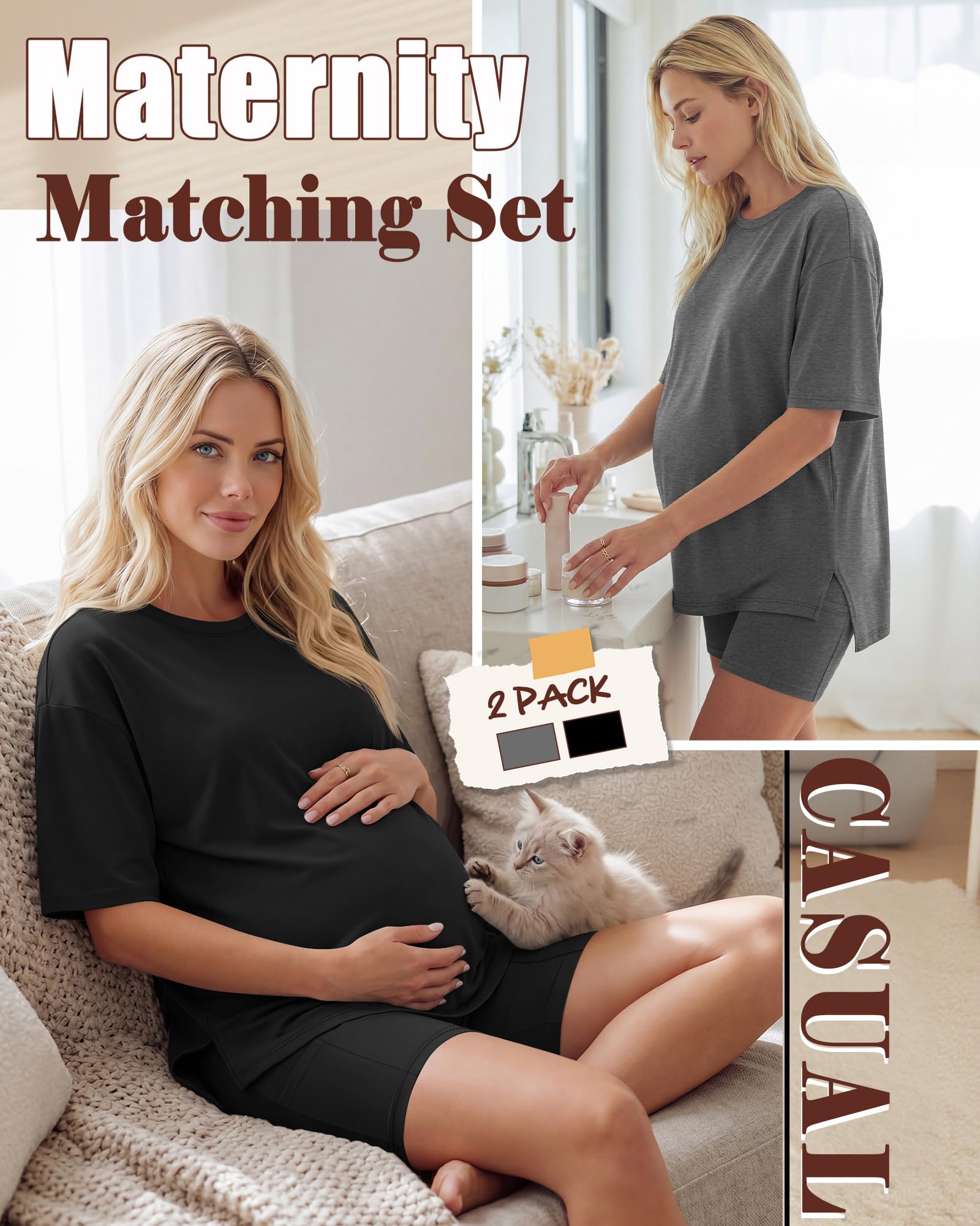 Huukeay 2 Pack Women Maternity Set Pregnancy Outfits, 2-Color, Small