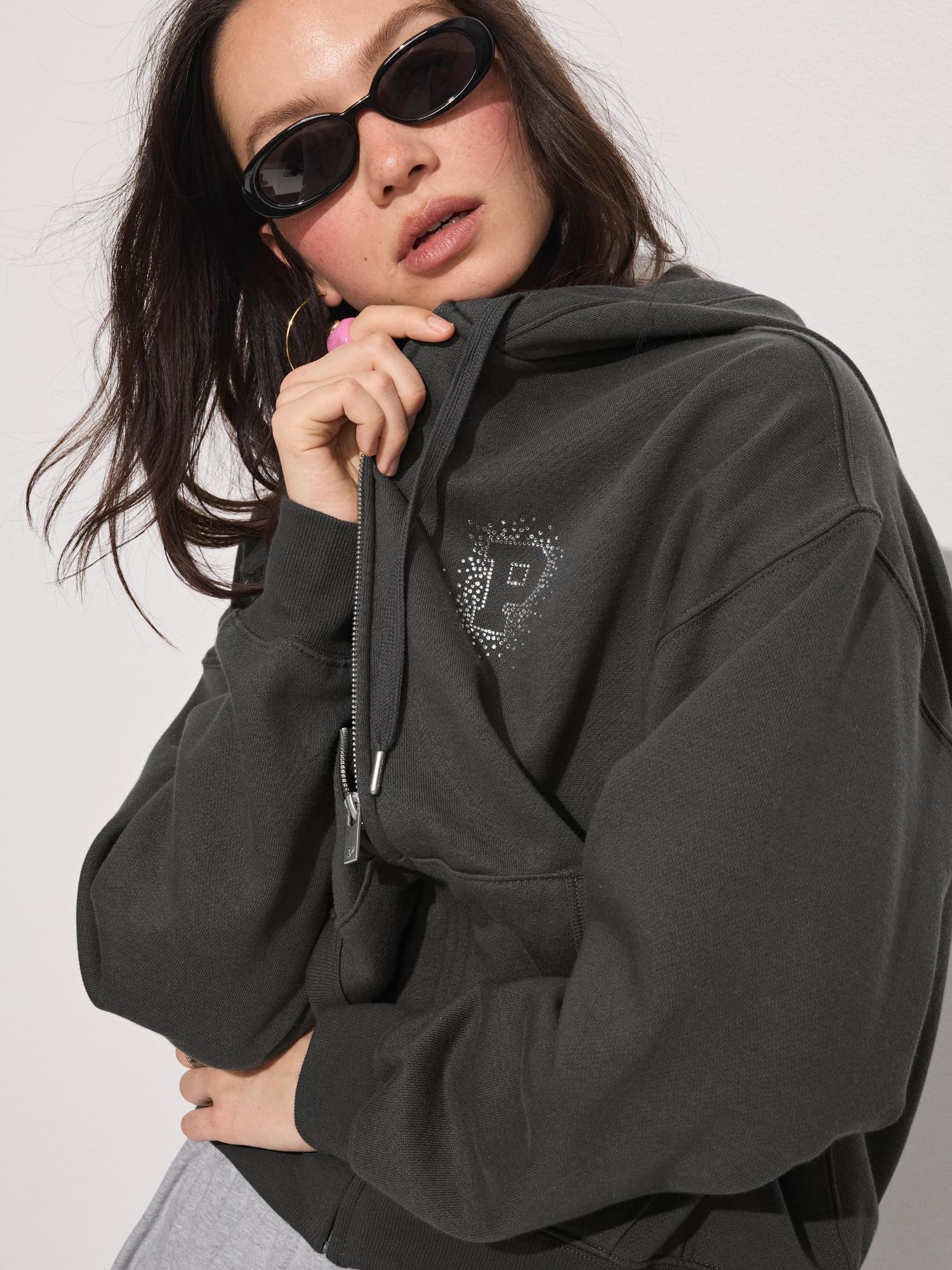 Victoria's Secret PINK Women's Campus Fleece Full-Zip Hoodie Sweatshirt, Coal, (M)