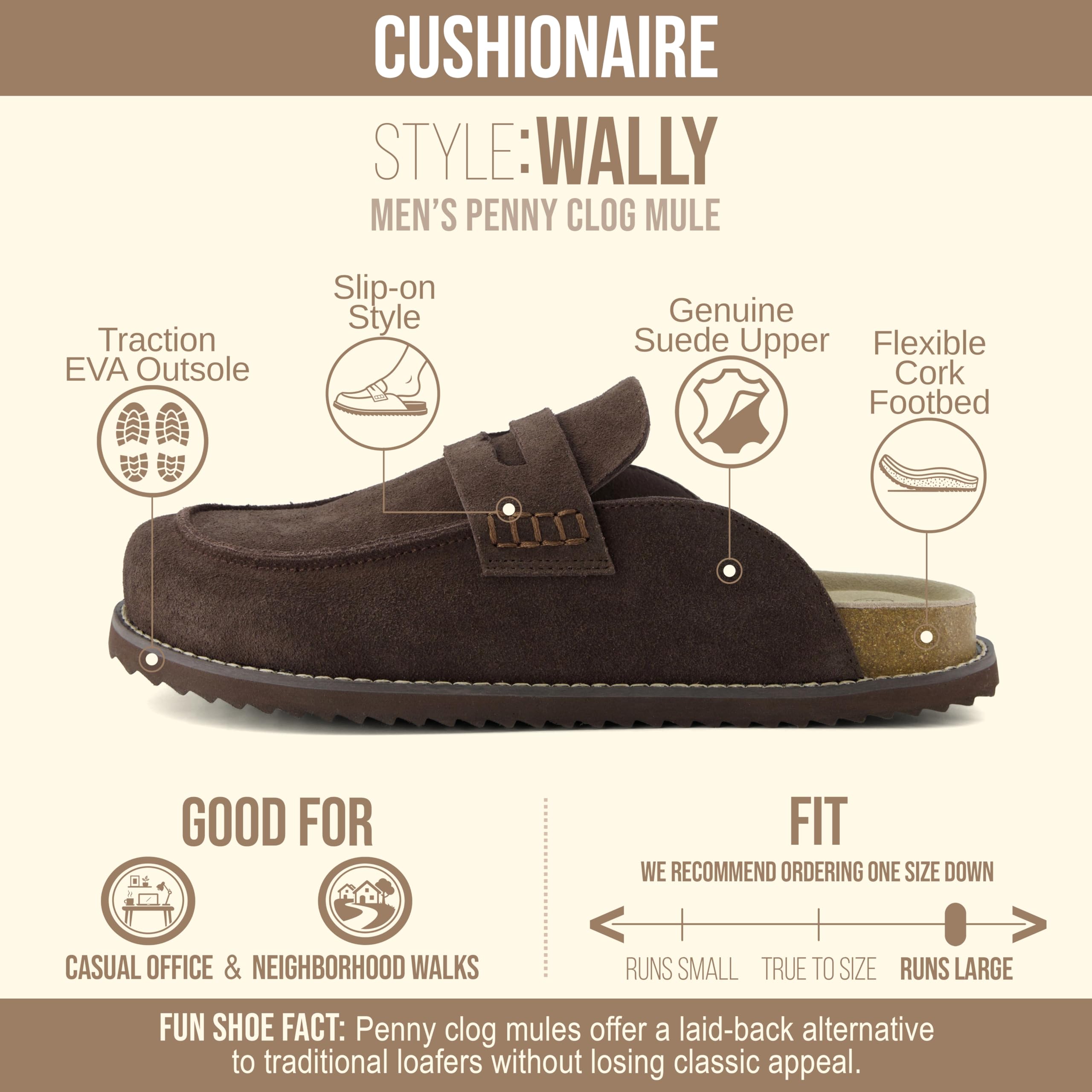 CUSHIONAIRE Wally Loafer-Style Suede Clogs for Men, Slip-On Backless Indoor Outdoor Mens Shoes with Cushioned Footbed, Brown 8