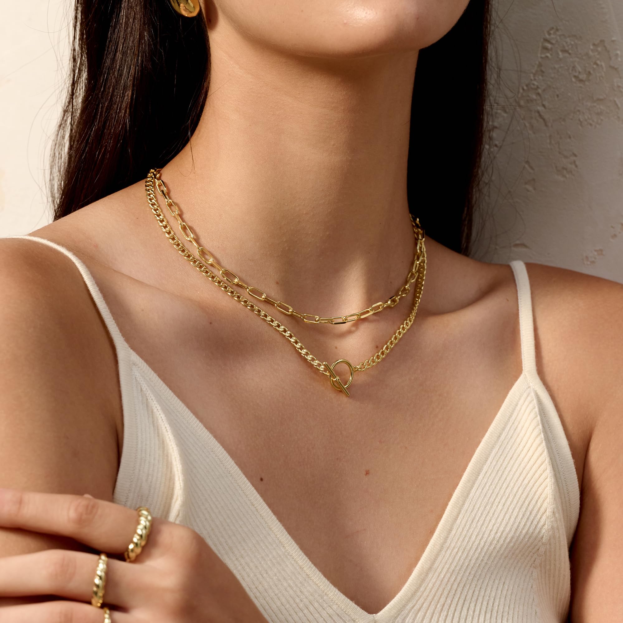 CHESKY Layered Necklaces for Women, 14K Gold Plated Chain Necklace Trendy Cuban Link Paperclip Chain Toggle Clasp Necklace Fashion Chunky Jewelry Accessories for Women