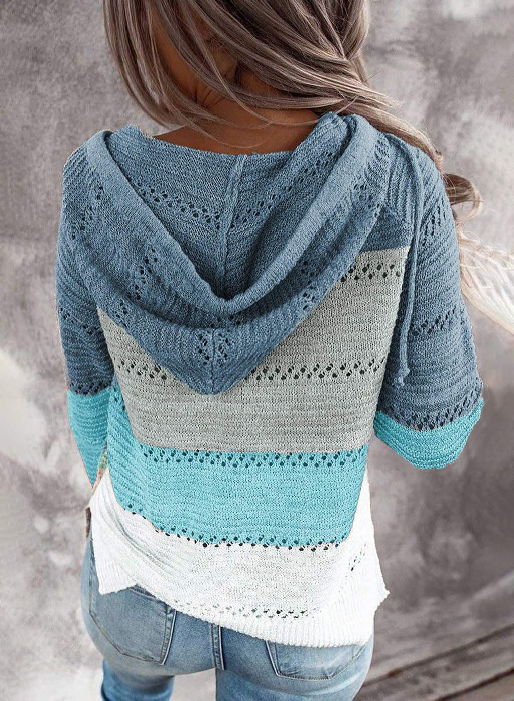 BLENCOT Women's Casual Color Block Hoodies Sweater Long Sleeve Drawstring Pullover Sweatshirts Fashion Knitted Tops Blue L